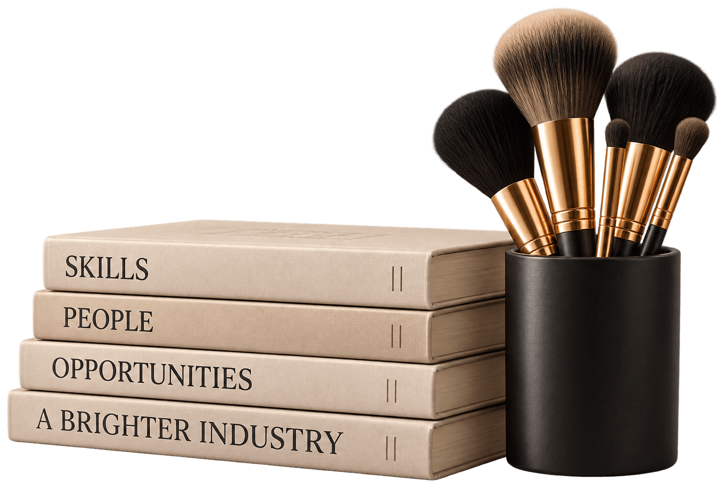 A stack of four books spined Skills, People, Opportunities and A Brighter Industry, beside a pot of make-up brushes.