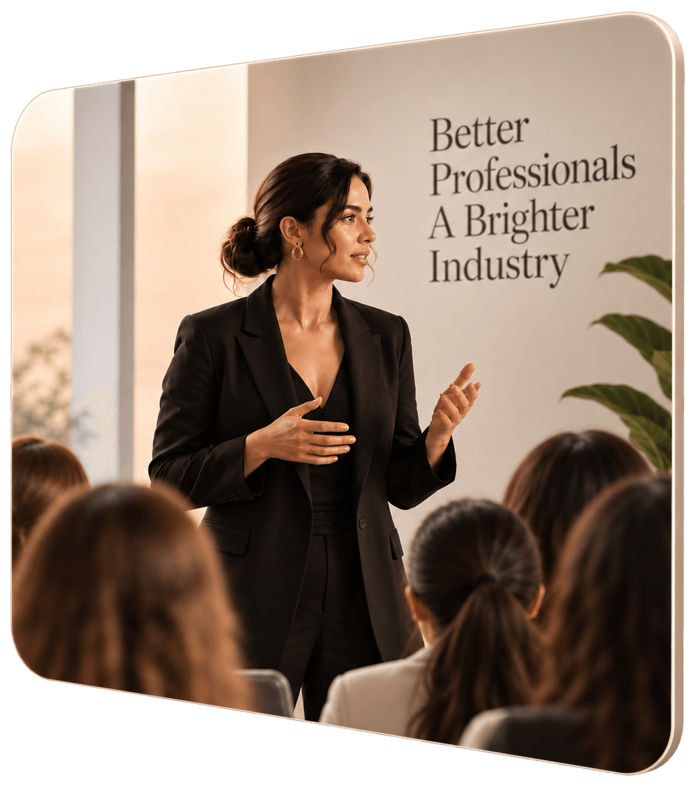 An educator addressing a seated audience in front of a wall reading “Better professionals, a brighter industry”.
